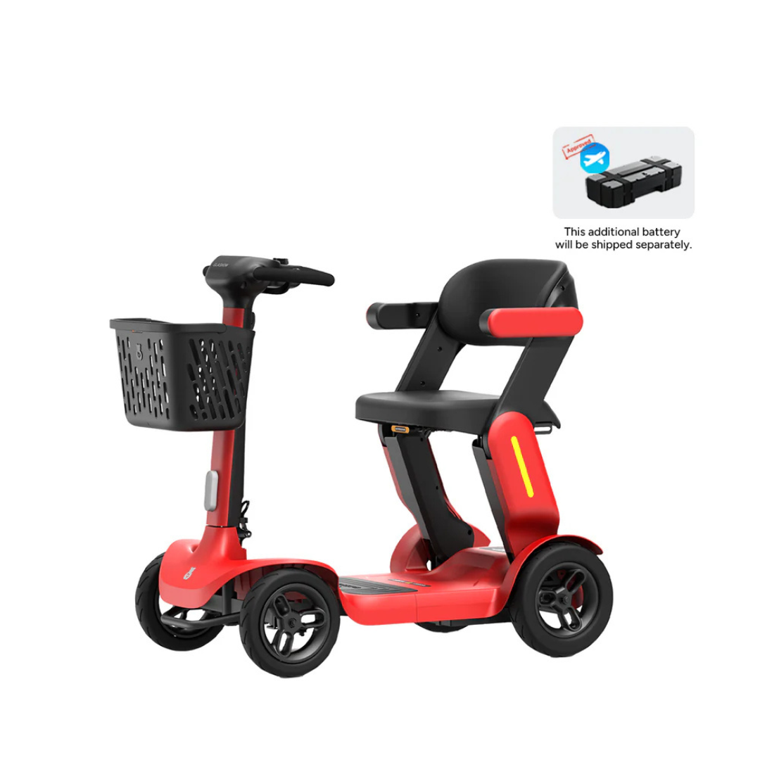 The Paiseec S3 Portable Mobility Scooter with Smart PAI Safety System features a red body, black seat, backrest, armrests, a black front basket, and includes a removable battery (shipped separately as shown in the inset).